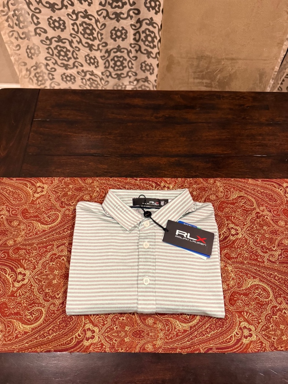 RLX Ralph Lauren Men's Medium Green & Gray Striped Polo MSRP $95